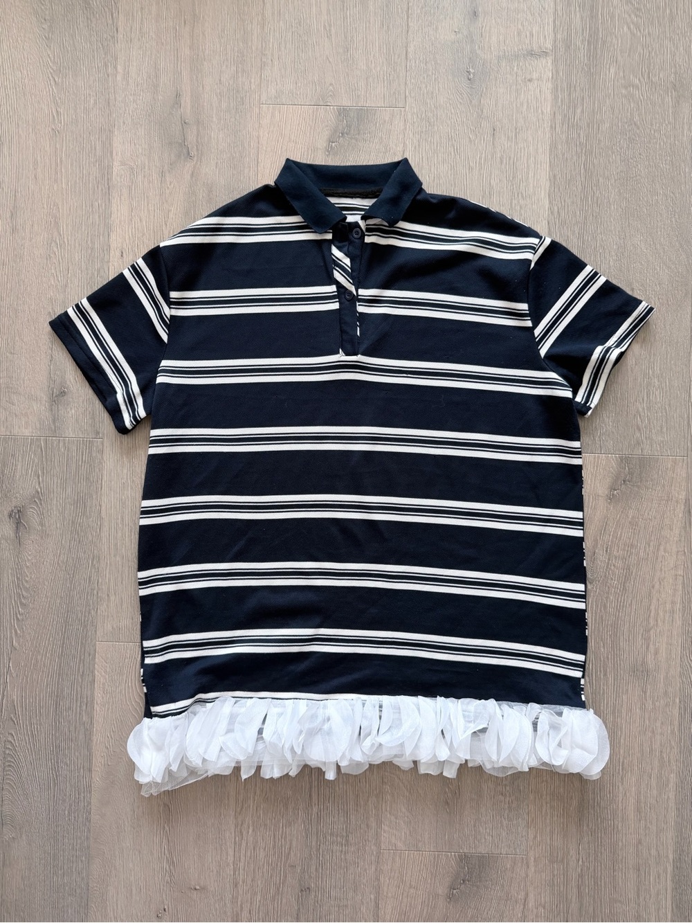 Oversized Navy Striped Polo Top w/ White Tulle Mesh Ruffle Hem 🤍✨